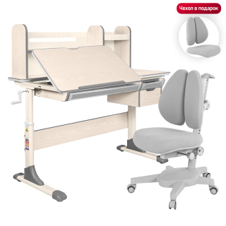 Комплект Anatomica Genius парта + кресло + надстройка + выдвижной ящик + подставка для книг клен/серый с серым креслом Armata Duos